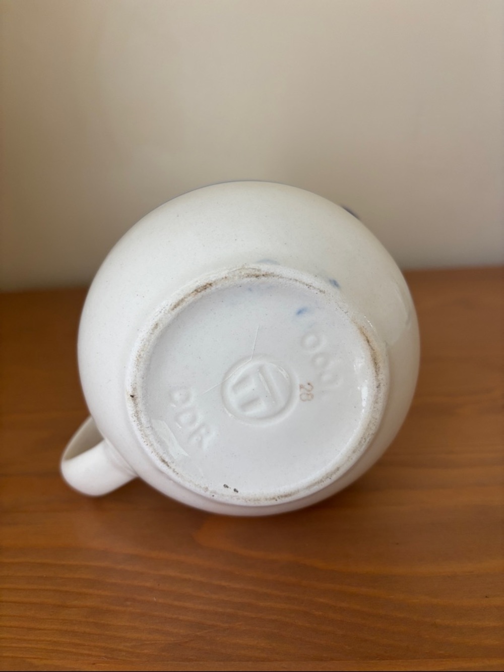 Vintage East Germany DDR Cream Ceramic Creamer with Blue Trim and Stripe Pitcher - Picture 4 of 5